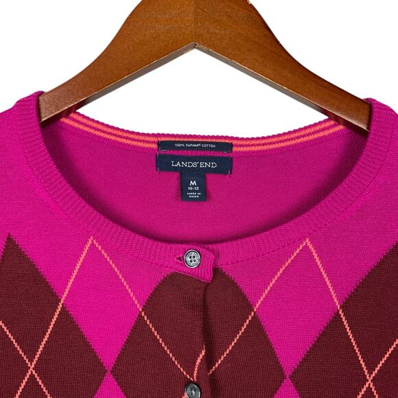 Lands End Argyle Cardigan Sweater Pink Button Front Supima Cotton Womens M 10 12 - Picture 3 of 7